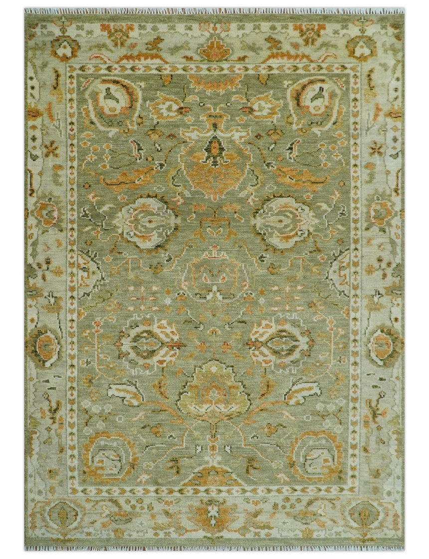 Hand Knotted Antique Olive and Ivory Traditional Persian Vintage Oushak Wool Rug | TRDCP707