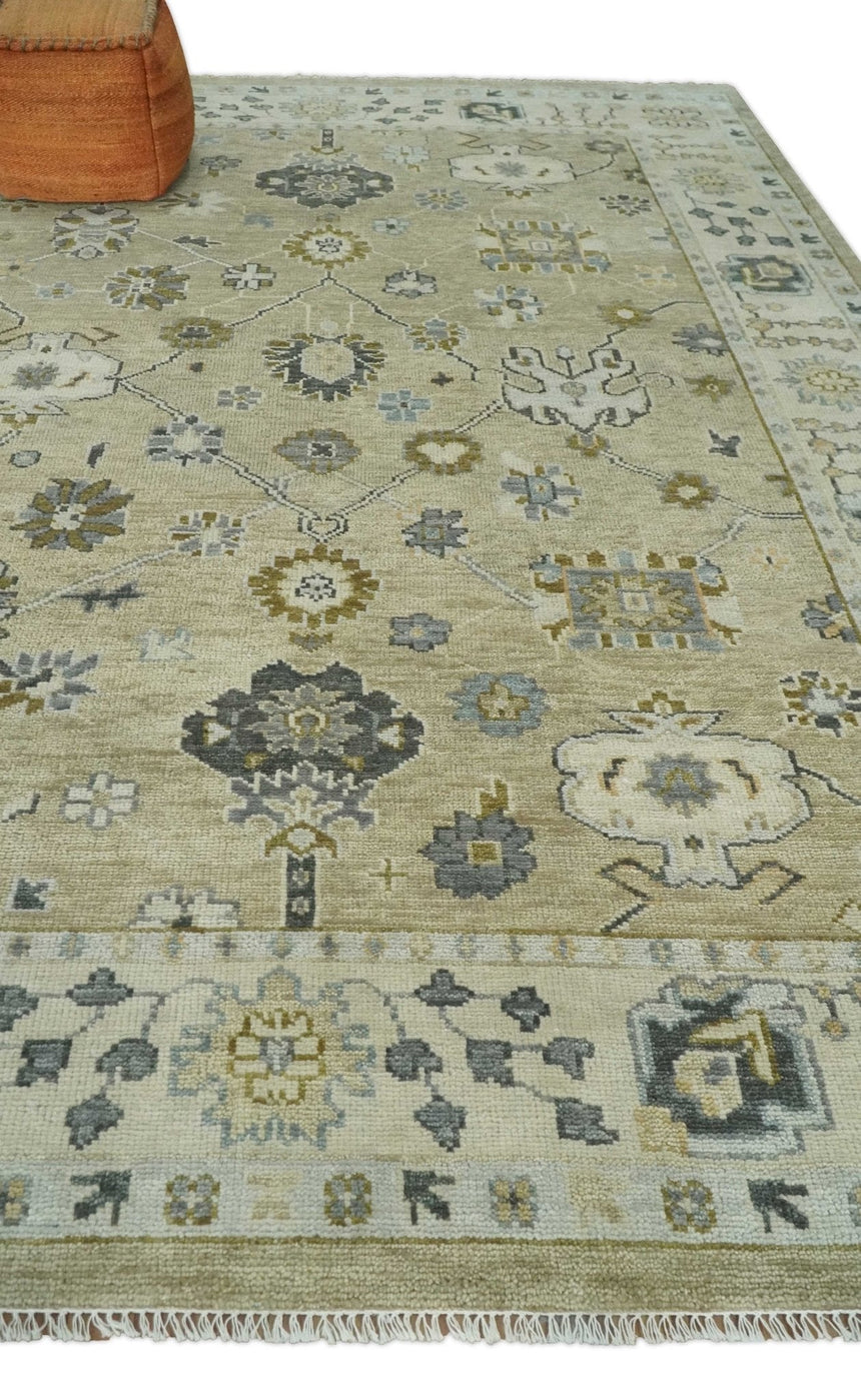 Hand Knotted Antique Oushak Olive and Beige Traditional Oushak Multi Size Wool Area Rug