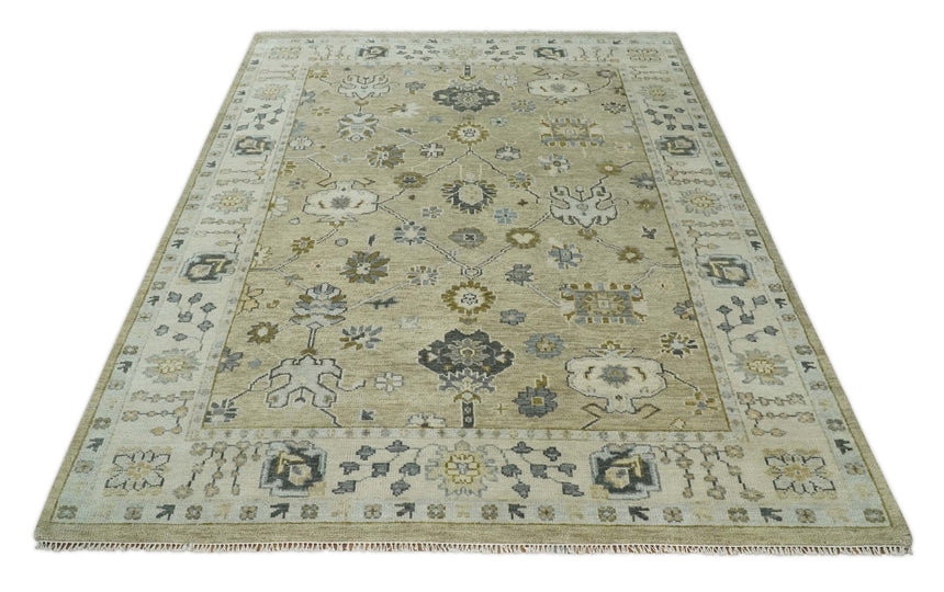 Hand Knotted Antique Oushak Olive and Beige Traditional Oushak Multi Size Wool Area Rug