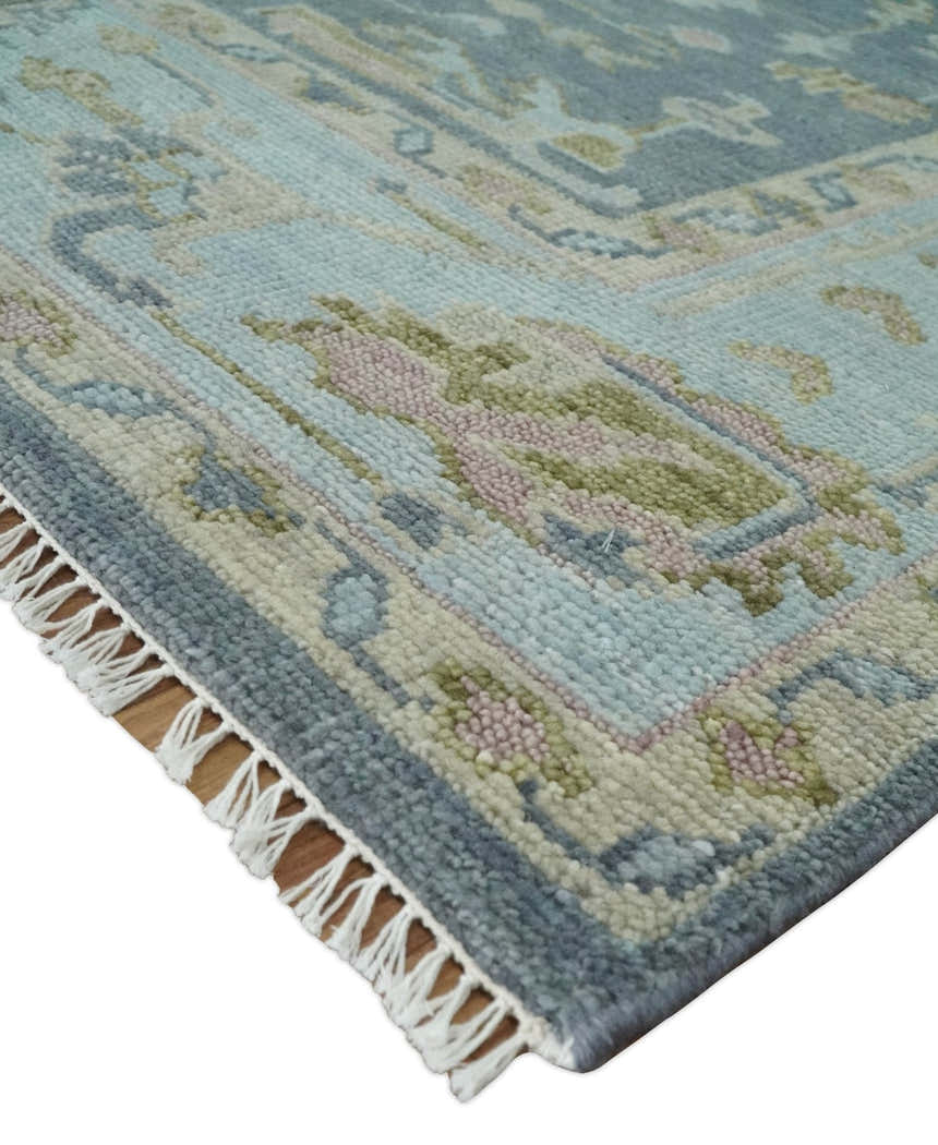 Custom Made Hand Knotted Gray, Blue and Beige Traditional Oushak Wool Area Rug