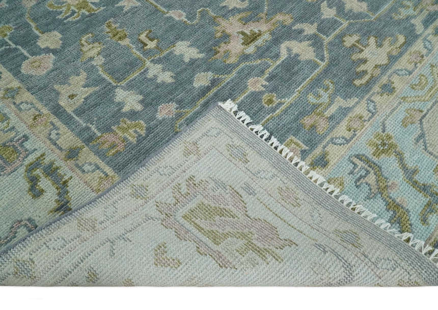 Custom Made Hand Knotted Gray, Blue and Beige Traditional Oushak Wool Area Rug