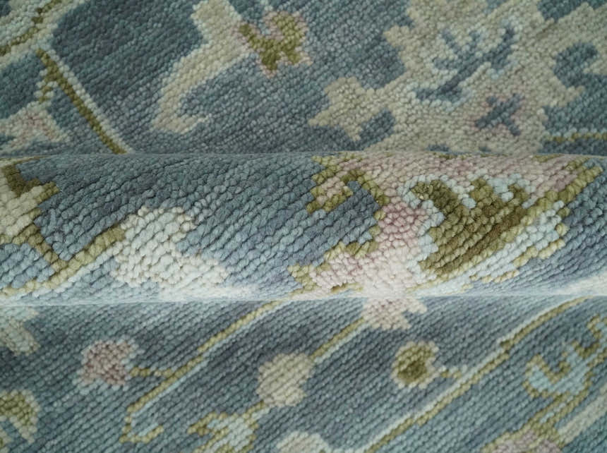 Custom Made Hand Knotted Gray, Blue and Beige Traditional Oushak Wool Area Rug