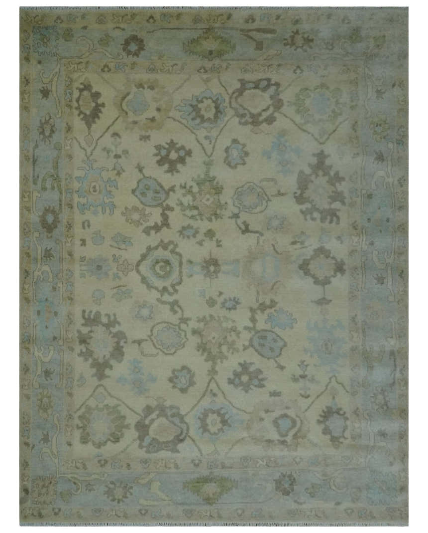 Hand Knotted Antique Style Beige and Silver Traditional Multi Size Oushak Wool Rug