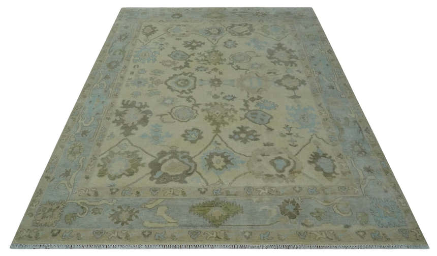 Hand Knotted Antique Style Beige and Silver Traditional Multi Size Oushak Wool Rug