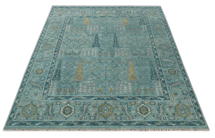 Hand Knotted Teal and Beige Multi Size Traditional Turkish Tree of Life Wool Rug
