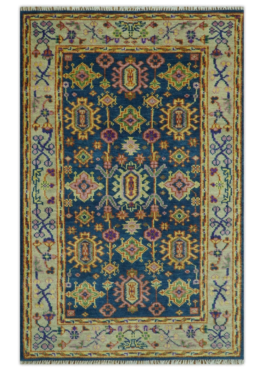 Hand Knotted Blue and Beige Persian Oushak Wool Rug