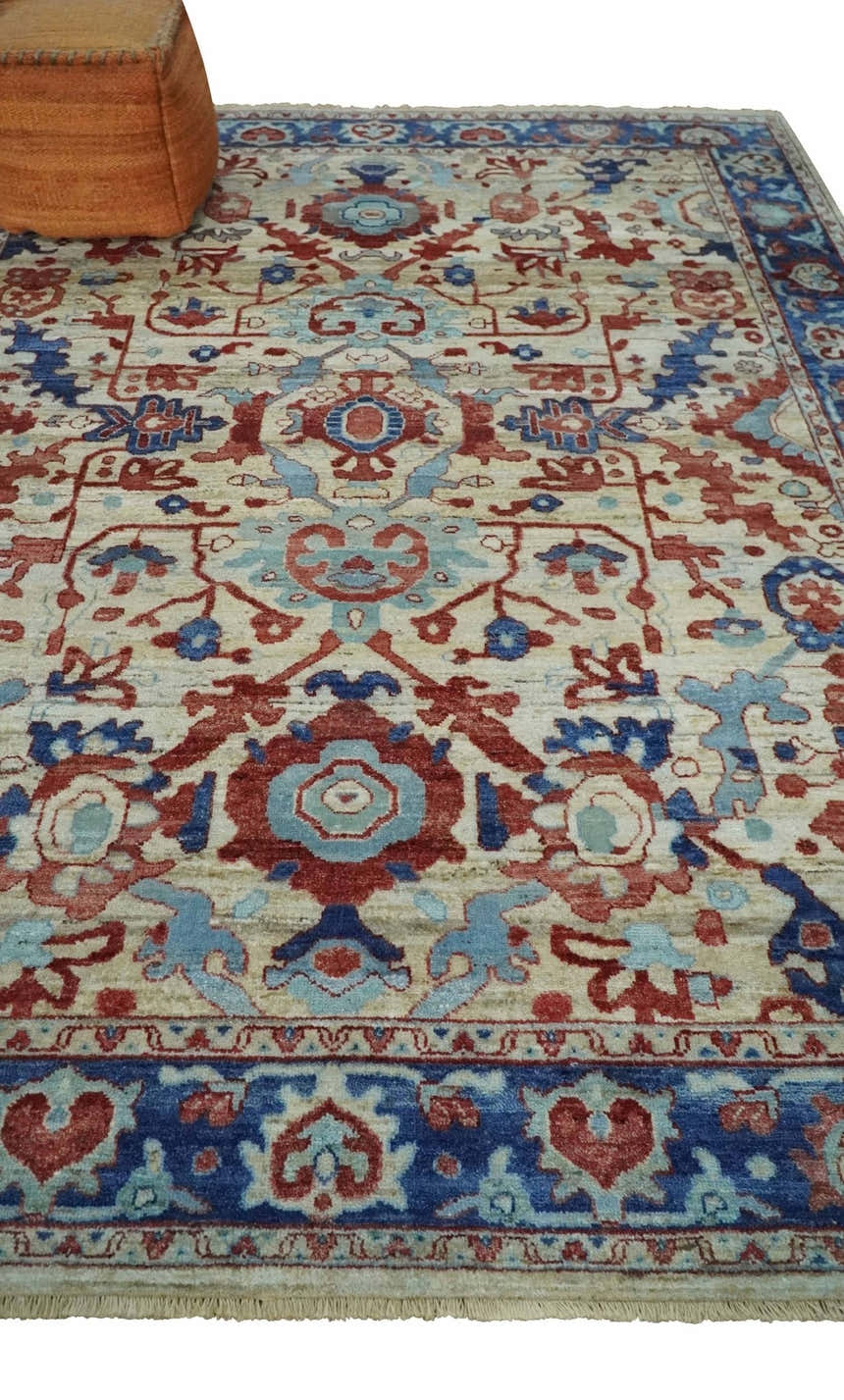 Hand Knotted Blue and Ivory Antique Vintage Style Custom Made Wool Rug, Living Room Rug