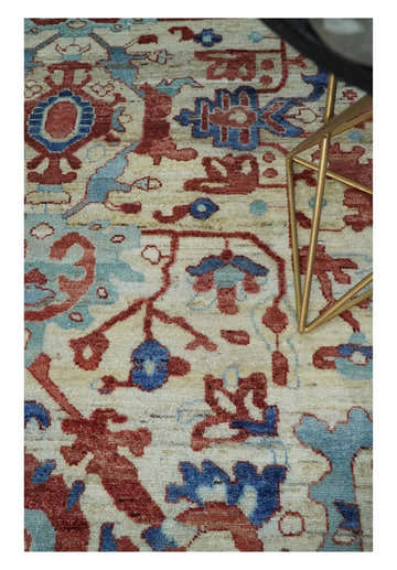 Hand Knotted Blue and Ivory Antique Vintage Style Custom Made Wool Rug, Living Room Rug