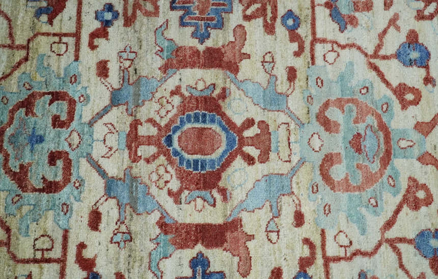 Hand Knotted Blue and Ivory Antique Vintage Style Custom Made Wool Rug, Living Room Rug