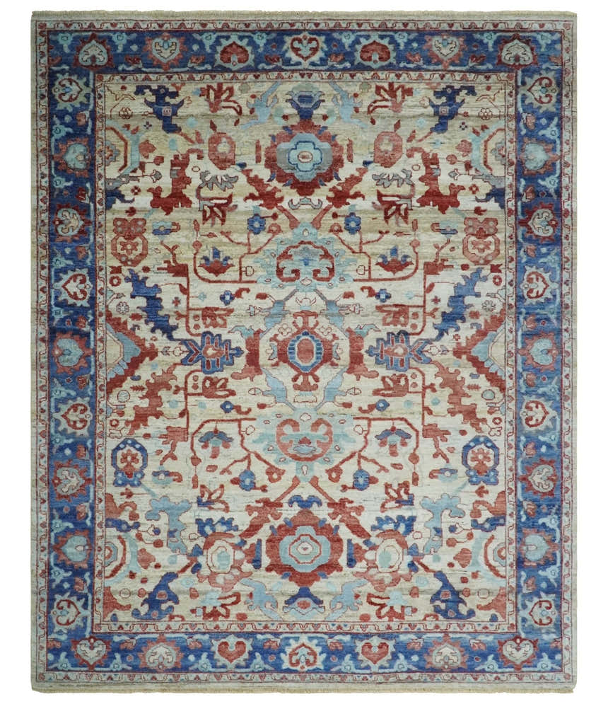 Hand Knotted Blue and Ivory Antique Vintage Style Custom Made Wool Rug, Living Room Rug