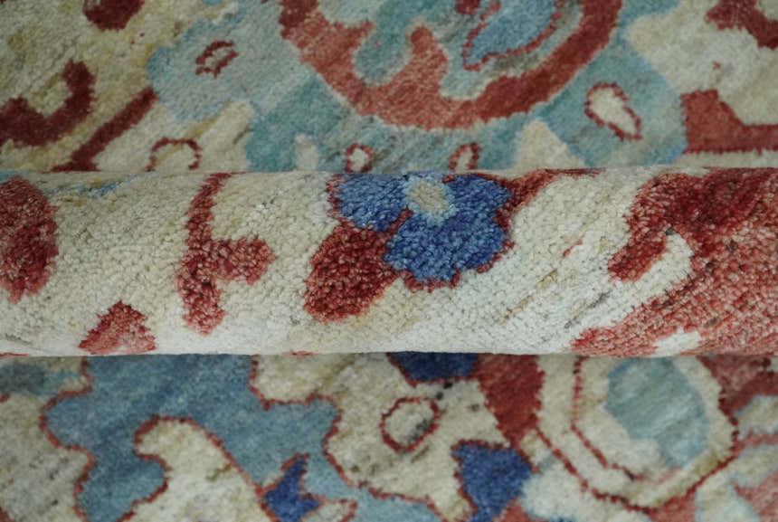 Hand Knotted Blue and Ivory Antique Vintage Style Custom Made Wool Rug, Living Room Rug