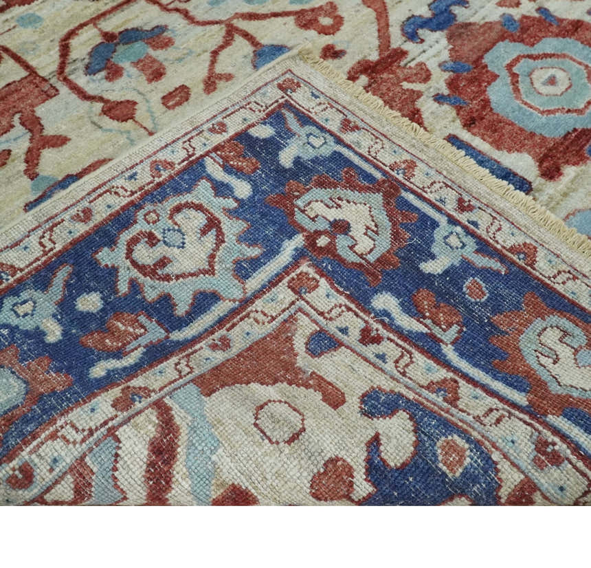 Hand Knotted Blue and Ivory Antique Vintage Style Custom Made Wool Rug, Living Room Rug