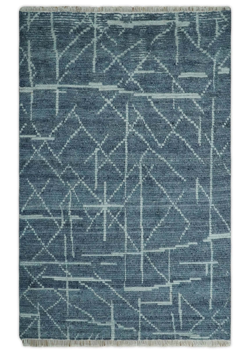 Hand Knotted Blue and Silver Trellis Moroccan Rug Made with Blended Wool Multi size Rug