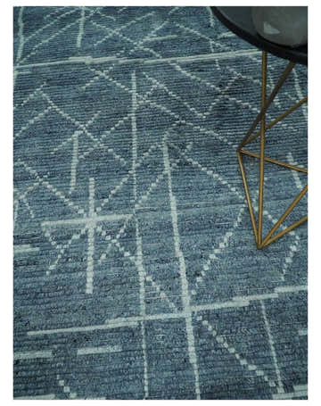 Hand Knotted Blue and Silver Trellis Moroccan Rug Made with Blended Wool Multi size Rug