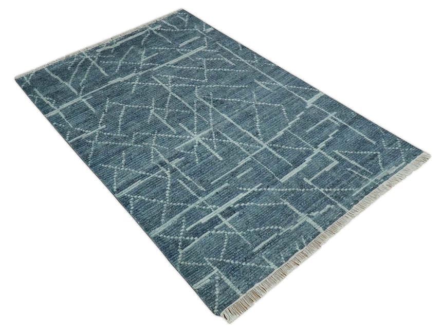 Hand Knotted Blue and Silver Trellis Moroccan Rug Made with Blended Wool Multi size Rug