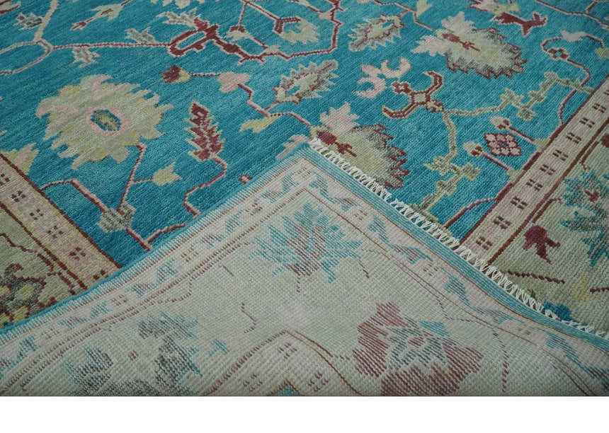 Hand Knotted Blue, Ivory and Maroon Oriental Oushak Multi Size Traditional Wool Area Rug