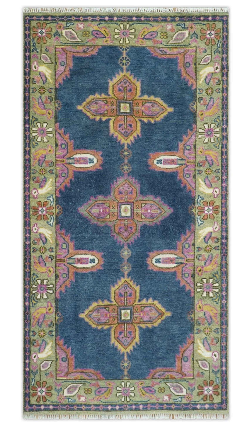 Hand Knotted Blue, Silver and Pink Traditional Heriz Serapi Wool Rug, Living Room and Bedroom Rug