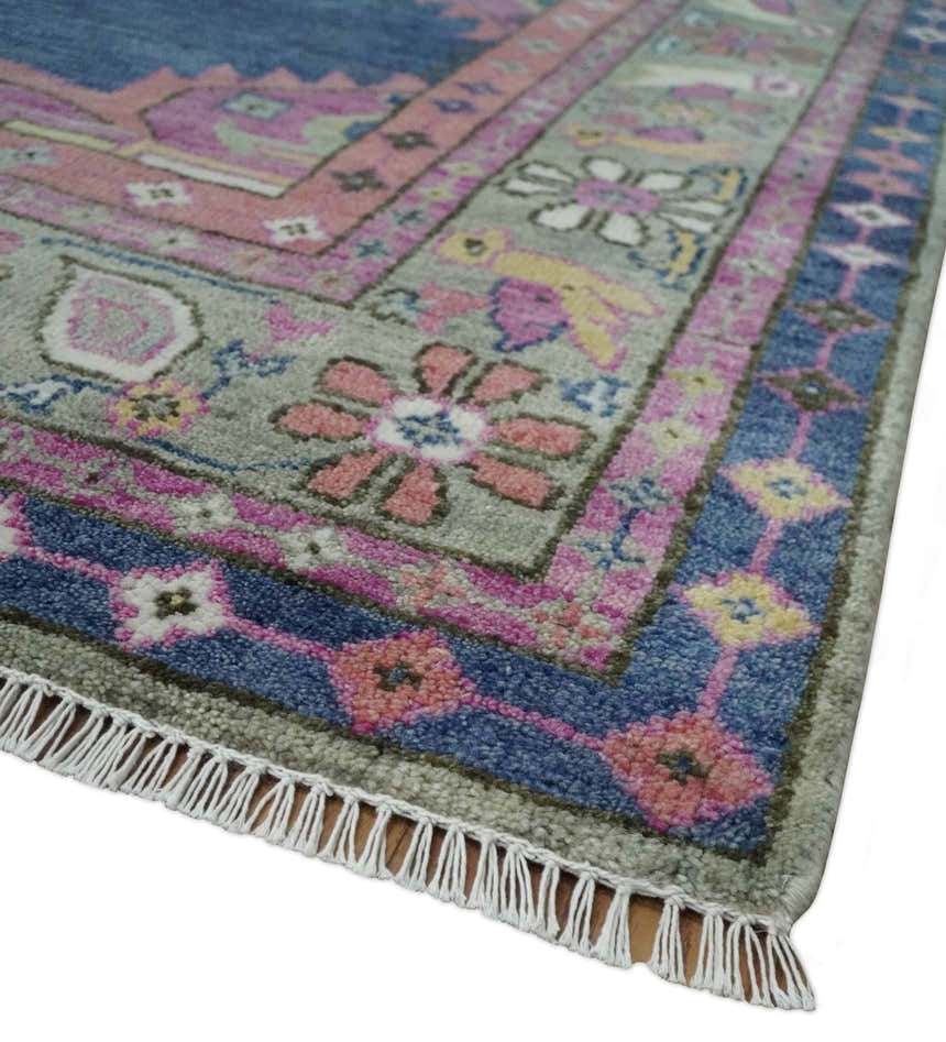 Hand Knotted Blue, Silver and Pink Traditional Heriz Serapi Wool Rug, Living Room and Bedroom Rug