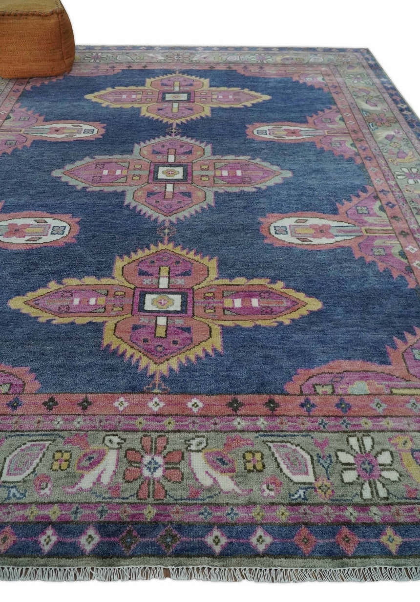 Hand Knotted Blue, Silver and Pink Traditional Heriz Serapi Wool Rug, Living Room and Bedroom Rug