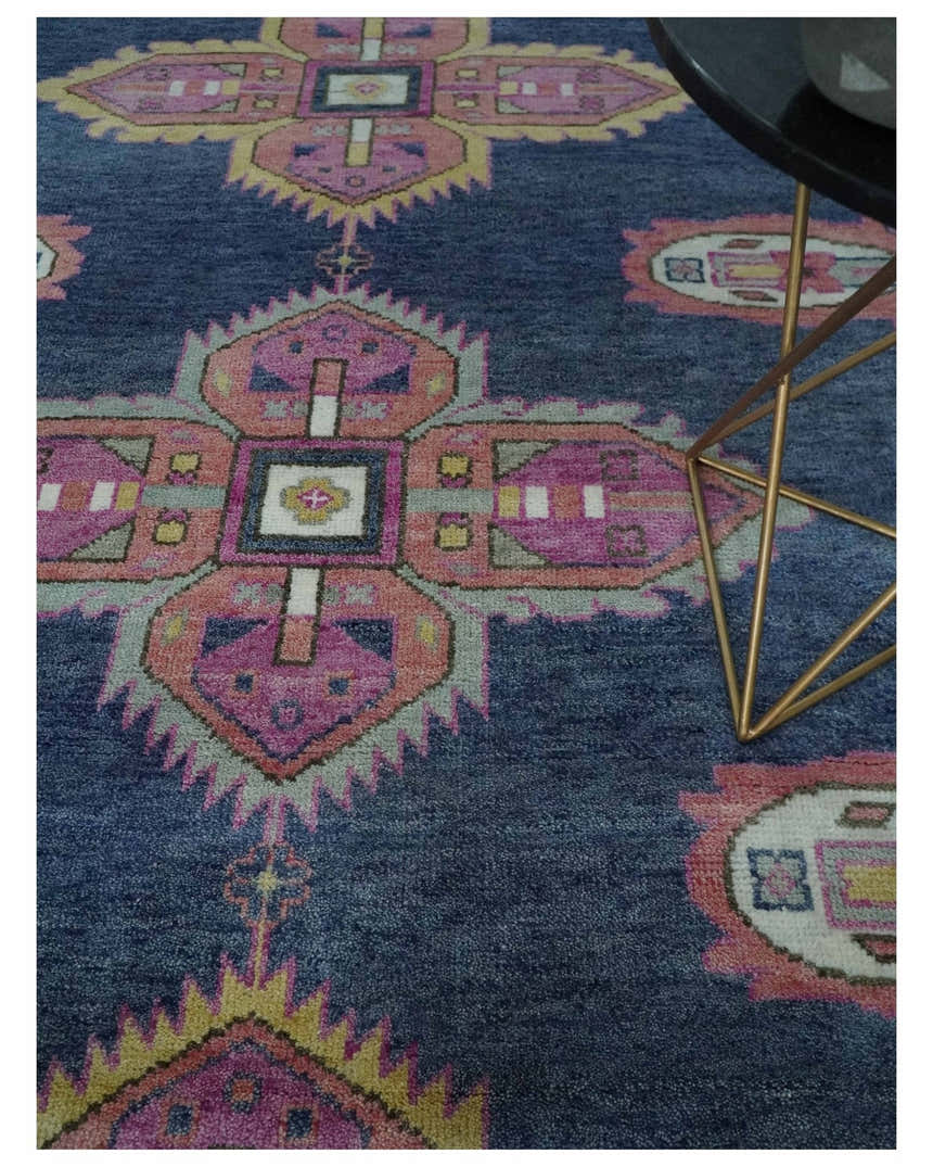 Hand Knotted Blue, Silver and Pink Traditional Heriz Serapi Wool Rug, Living Room and Bedroom Rug