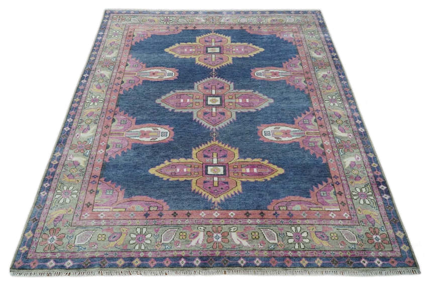 Hand Knotted Blue, Silver and Pink Traditional Heriz Serapi Wool Rug, Living Room and Bedroom Rug