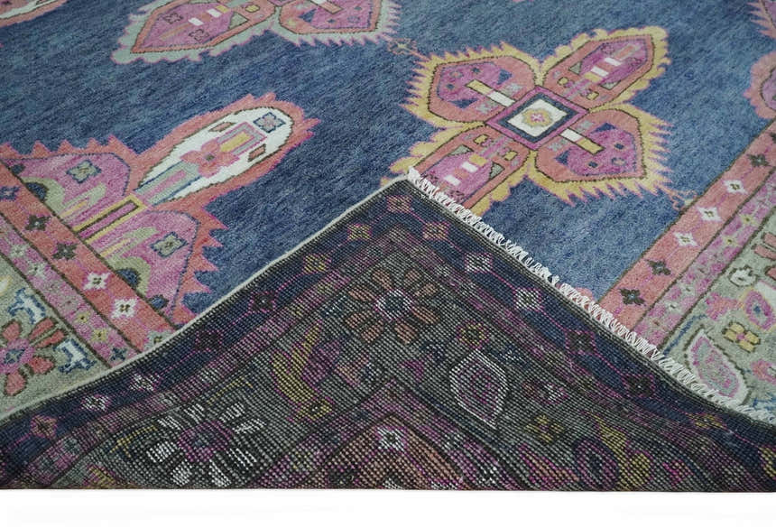 Hand Knotted Blue, Silver and Pink Traditional Heriz Serapi Wool Rug, Living Room and Bedroom Rug