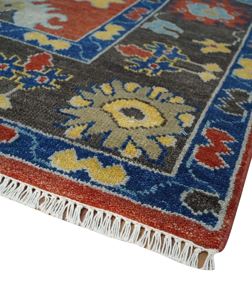 Hand Knotted Brown, Blue and Charcoal colorful Traditional Oushak Wool Area Rug