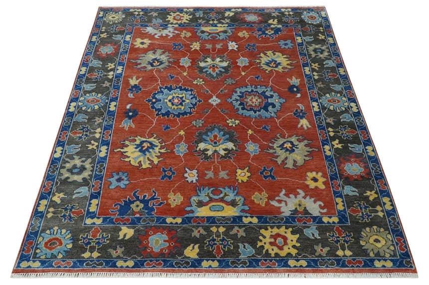 Hand Knotted Brown, Blue and Charcoal colorful Traditional Oushak Wool Area Rug