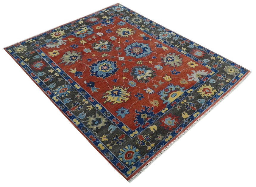 Hand Knotted Brown, Blue and Charcoal colorful Traditional Oushak Wool Area Rug