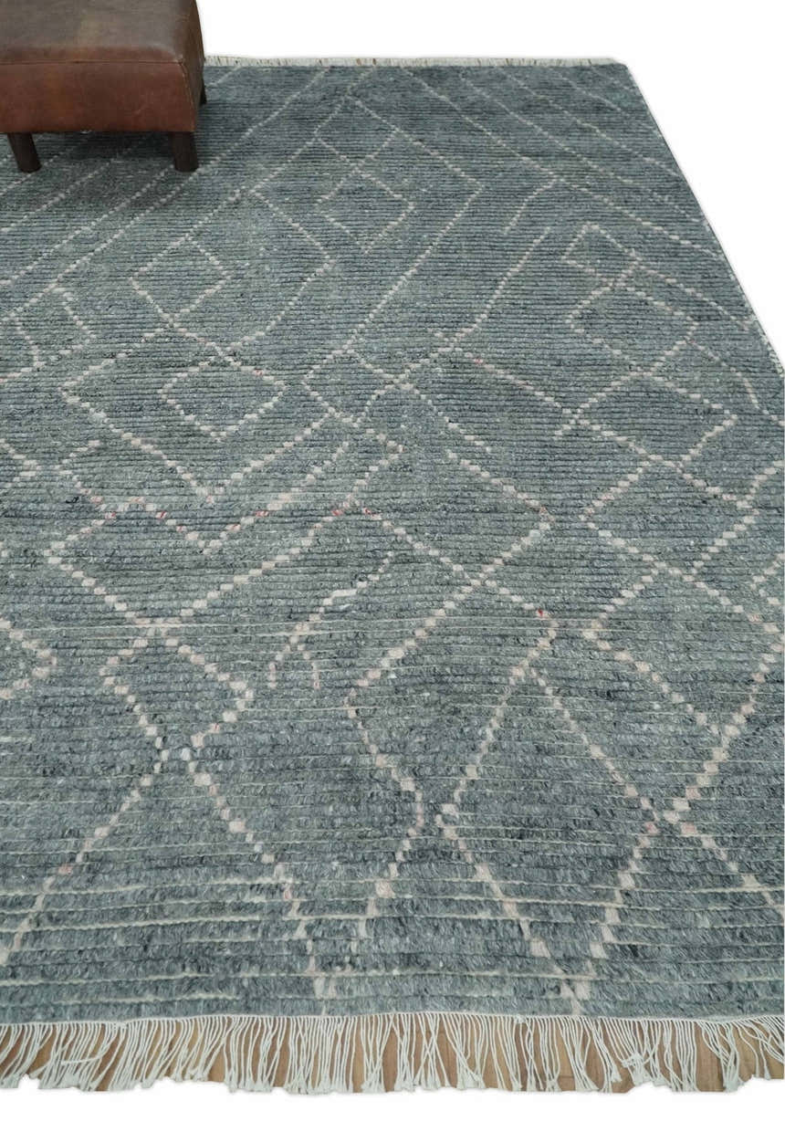 Custom Made Hand Knotted Charcoal and Ivory Moroccan Trellis Rug