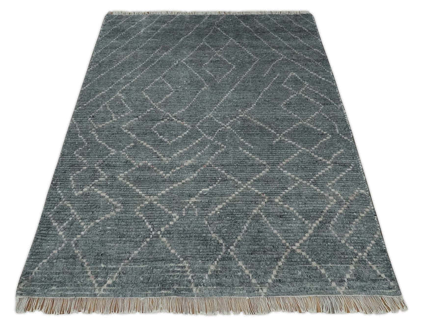 Custom Made Hand Knotted Charcoal and Ivory Moroccan Trellis Rug
