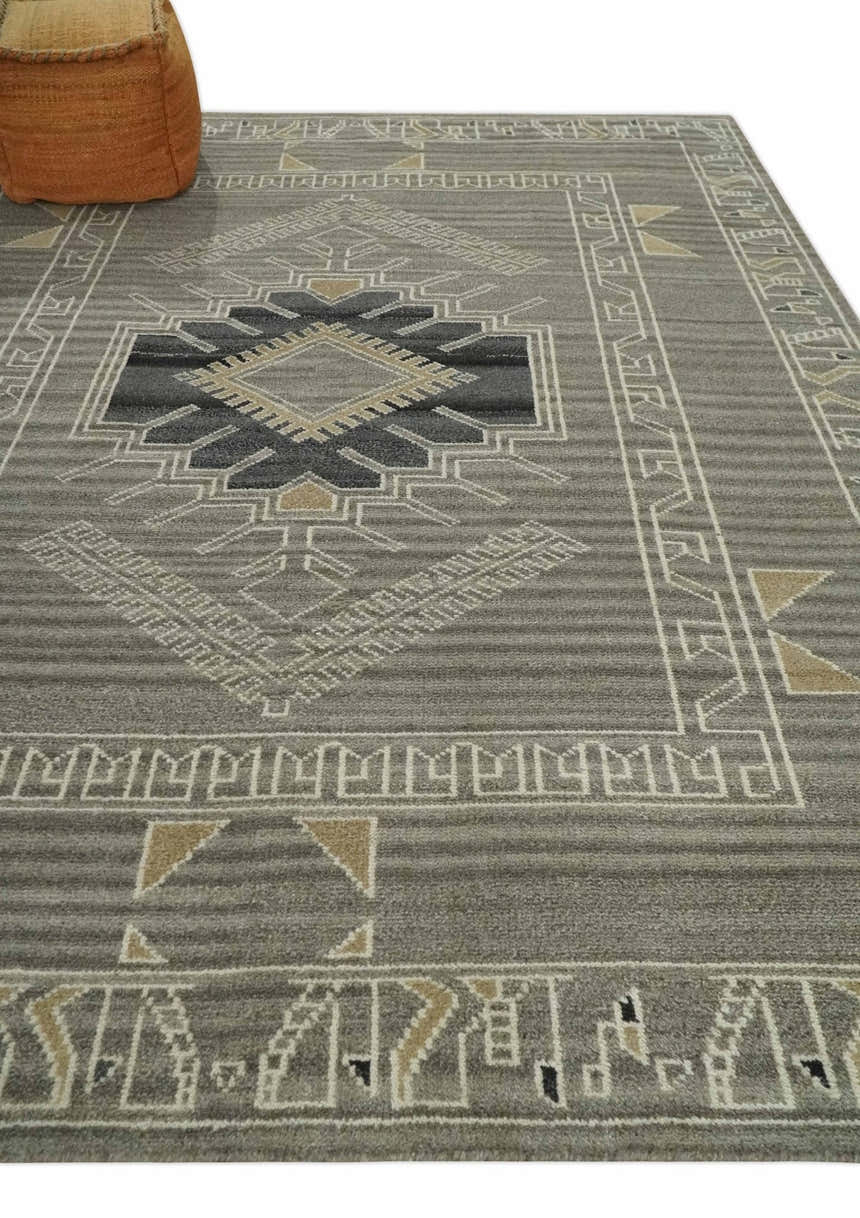 Hand Knotted Charcoal, Ivory and Beige Traditional Heriz Serapi Multi Size Wool Area Rug, Kids, Living Room and Bedroom Rug
