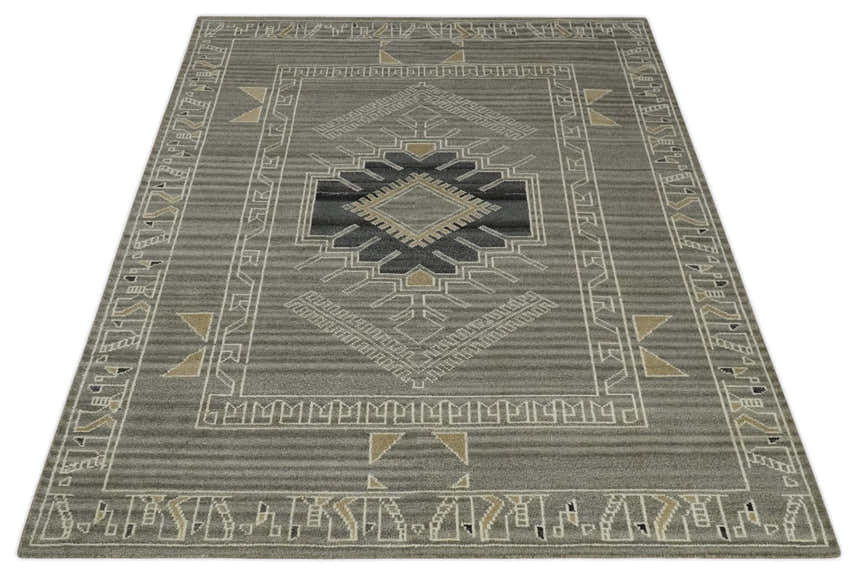Hand Knotted Charcoal, Ivory and Beige Traditional Heriz Serapi Multi Size Wool Area Rug, Kids, Living Room and Bedroom Rug