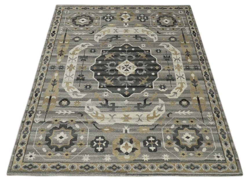 Hand Knotted Charcoal, Ivory and Beige Traditional Medallion Natural Wool Multi Size Area Rug, Kids, Living Room and Bedroom Rug