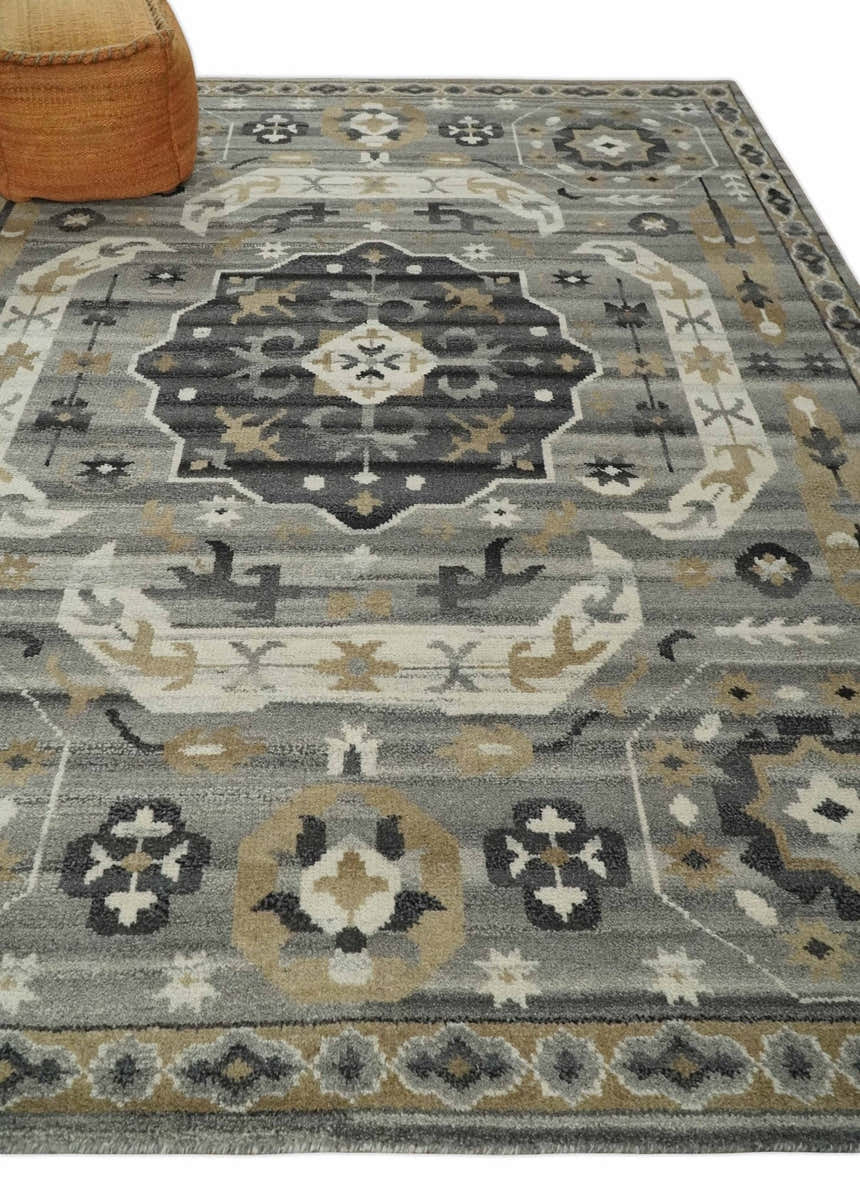 Hand Knotted Charcoal, Ivory and Beige Traditional Medallion Natural Wool Multi Size Area Rug, Kids, Living Room and Bedroom Rug
