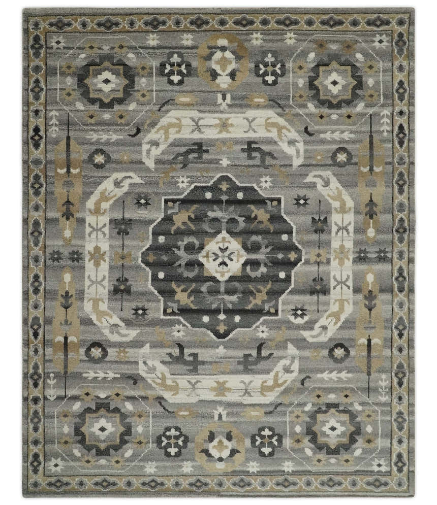 Hand Knotted Charcoal, Ivory and Beige Traditional Medallion Natural Wool Multi Size Area Rug, Kids, Living Room and Bedroom Rug