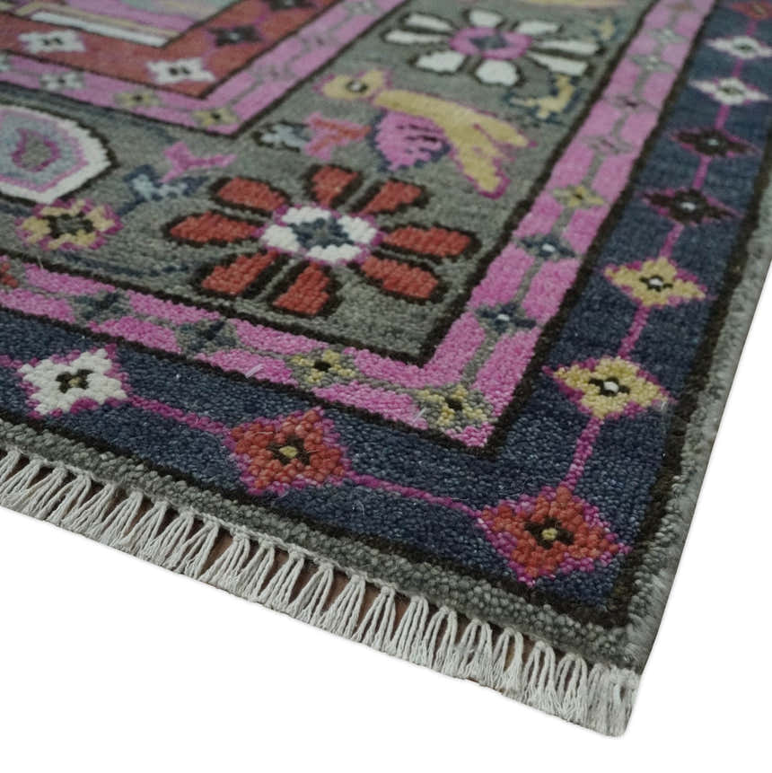 Hand Knotted Charcoal, Silver and Pink Traditional Custom Made Wool Area Rug