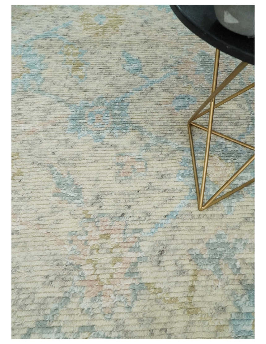 Contemporary Ivory and Blue Hand Knotted Multi Size Rug