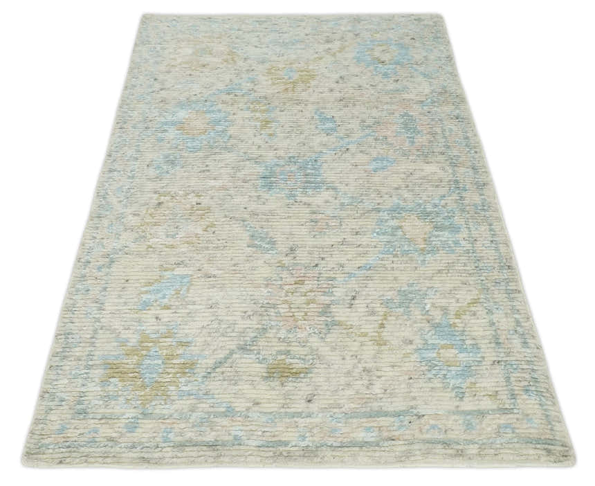 Contemporary Ivory and Blue Hand Knotted Multi Size Rug