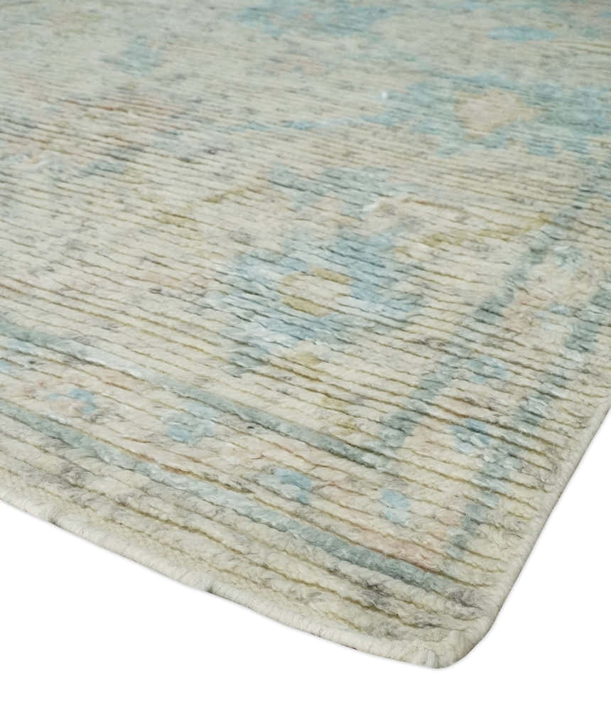 Contemporary Ivory and Blue Hand Knotted Multi Size Rug
