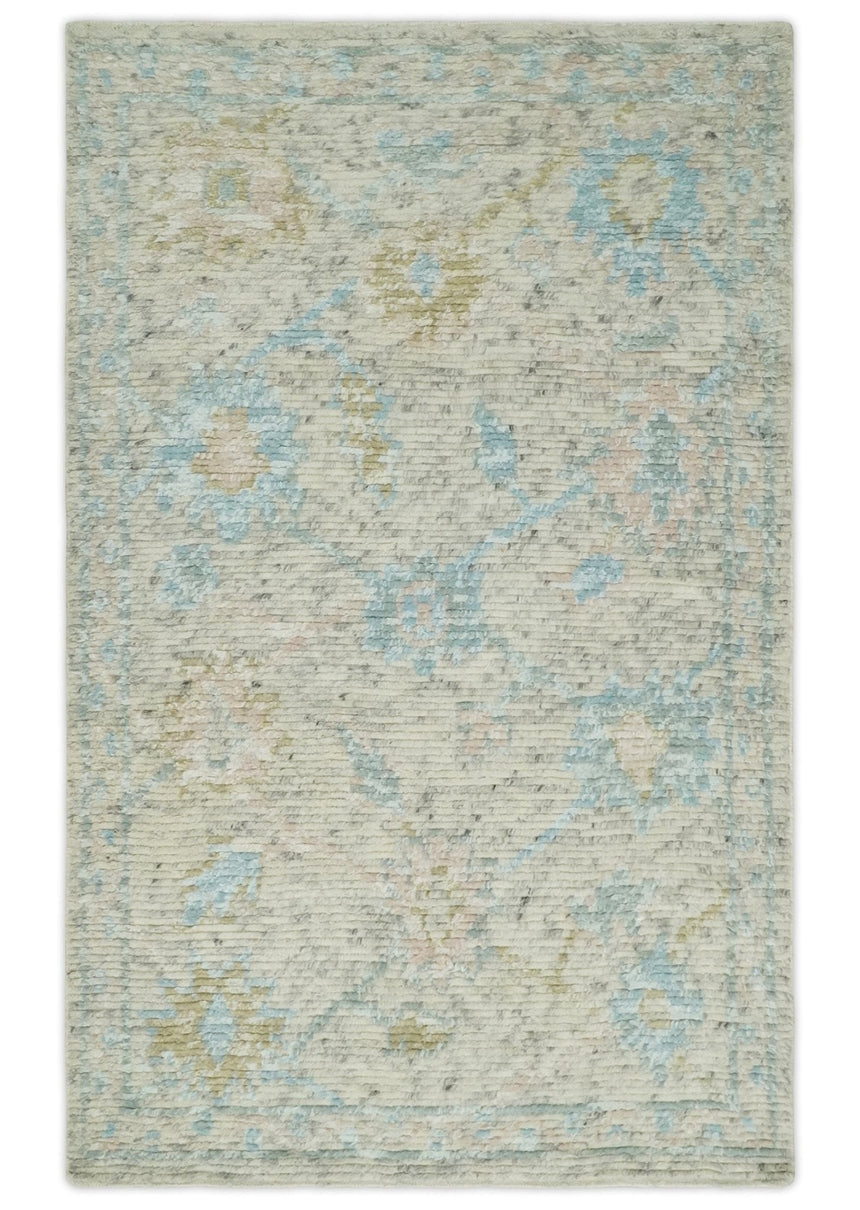 Contemporary Ivory and Blue Hand Knotted Multi Size Rug