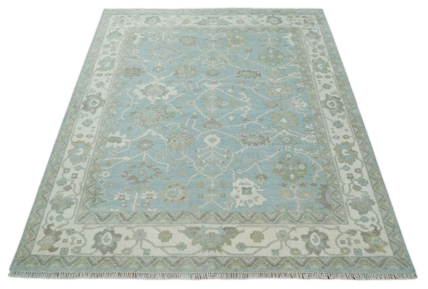 Hand Knotted Custom Made Oriental Oushak Aqua, Ivory and Beige Wool Area Rug