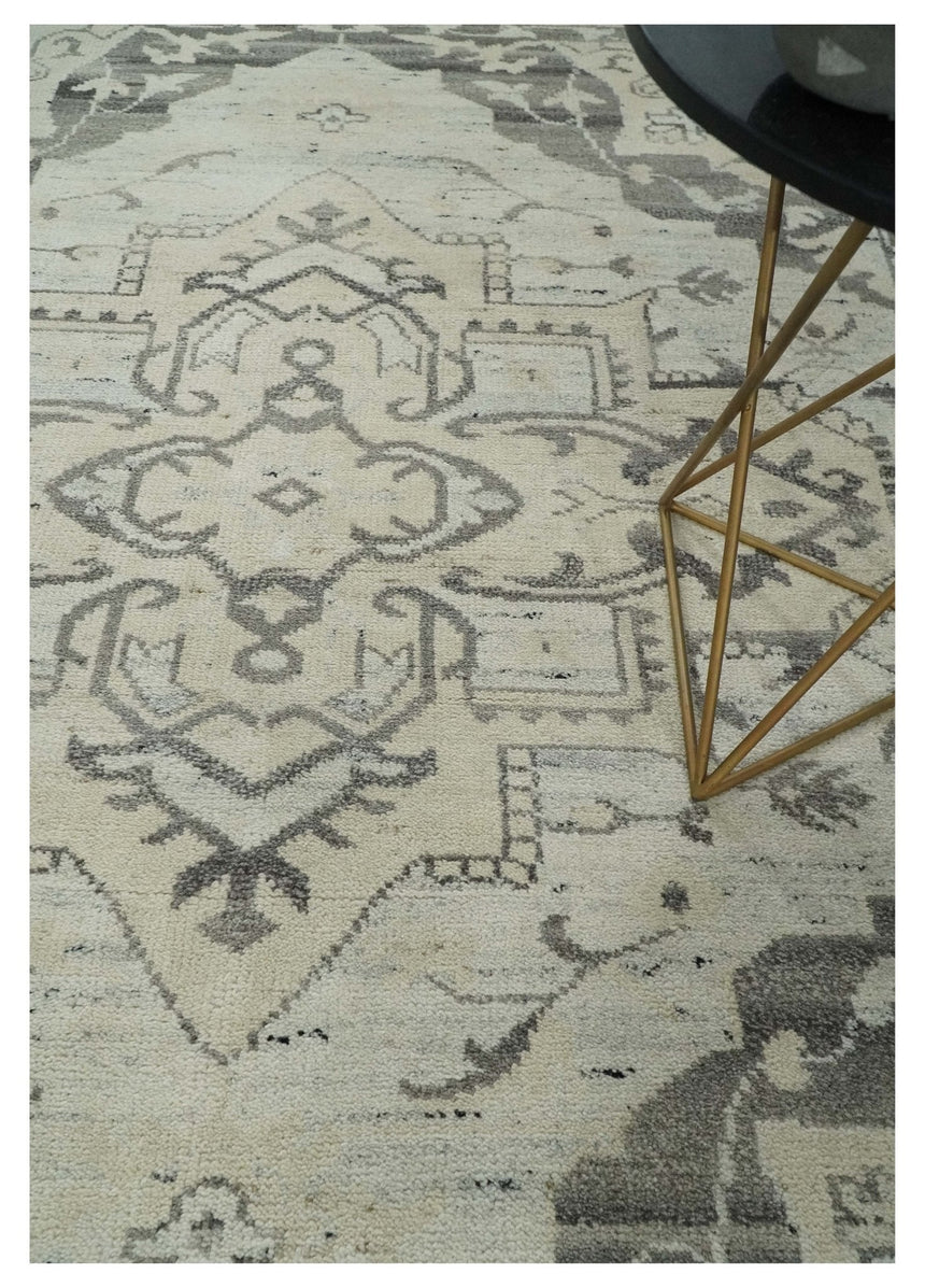 Hand Knotted Earthy Neutral Serapi Wool Rug, Charcoal, Beige and Ivory