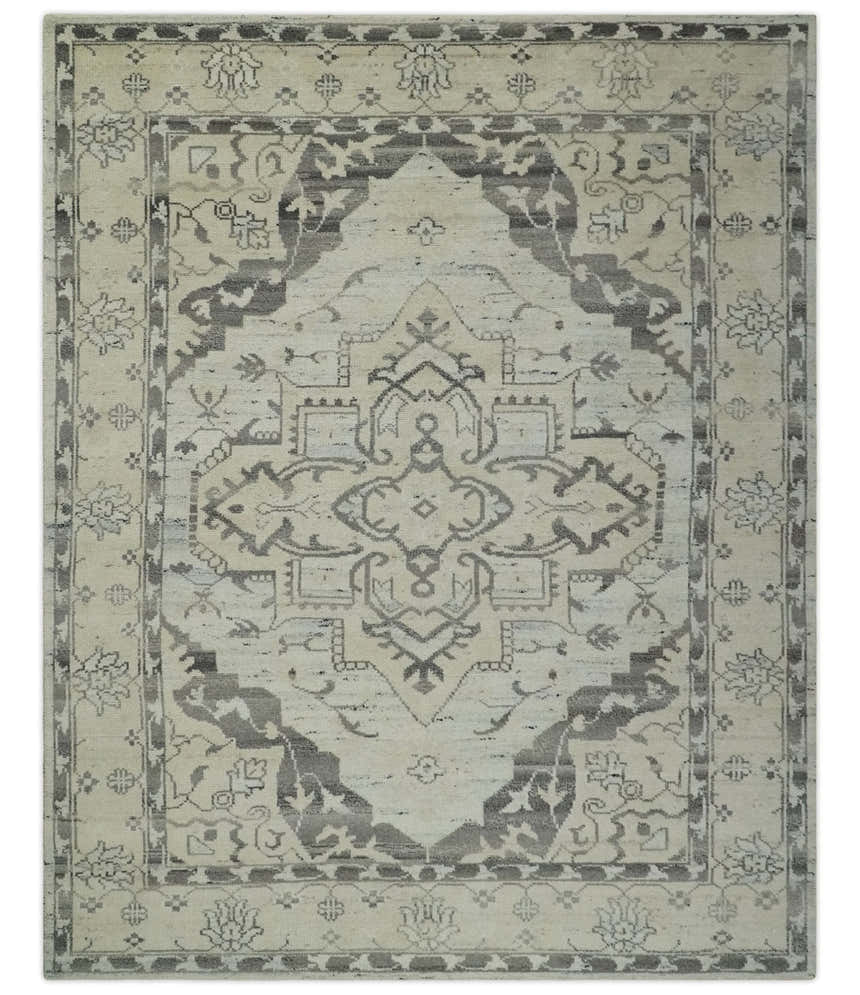 Hand Knotted Earthy Neutral Serapi Wool Rug, Charcoal, Beige and Ivory