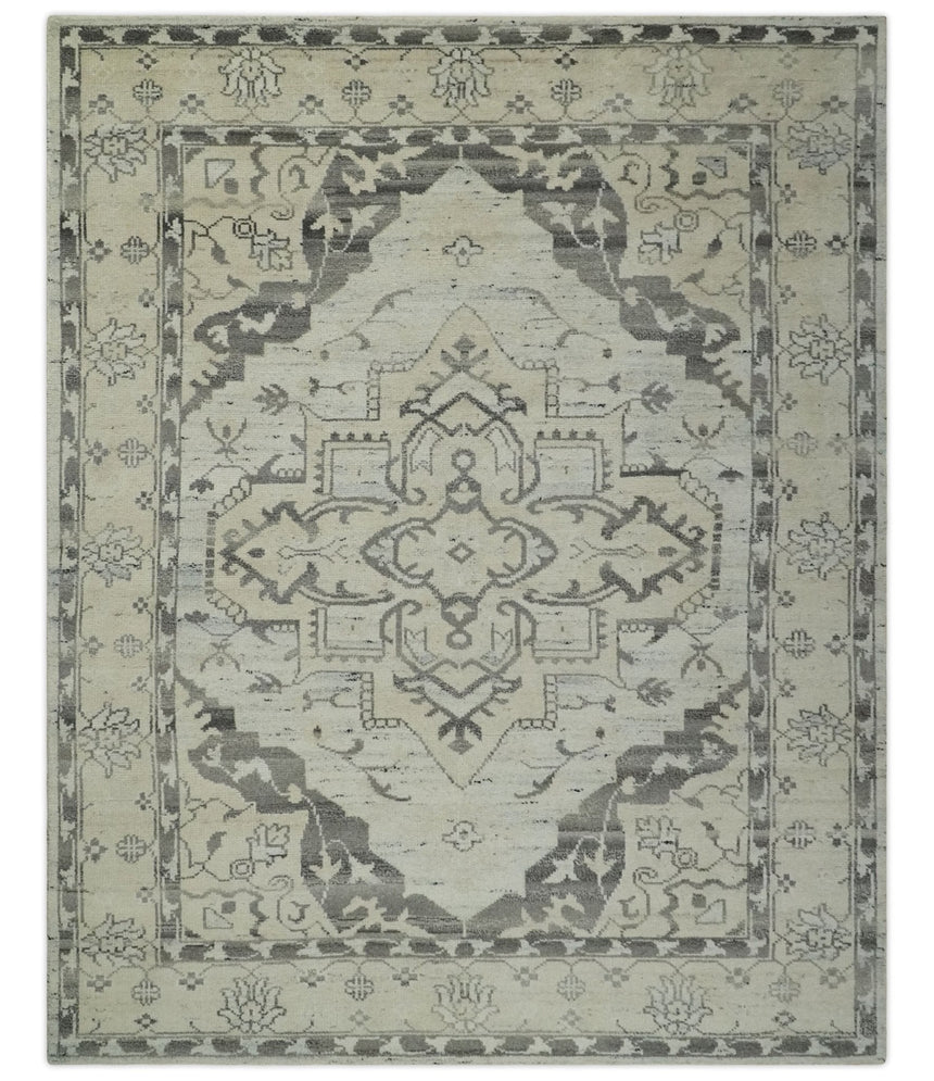 Hand Knotted Earthy Neutral Serapi Wool Rug, Charcoal, Beige and Ivory