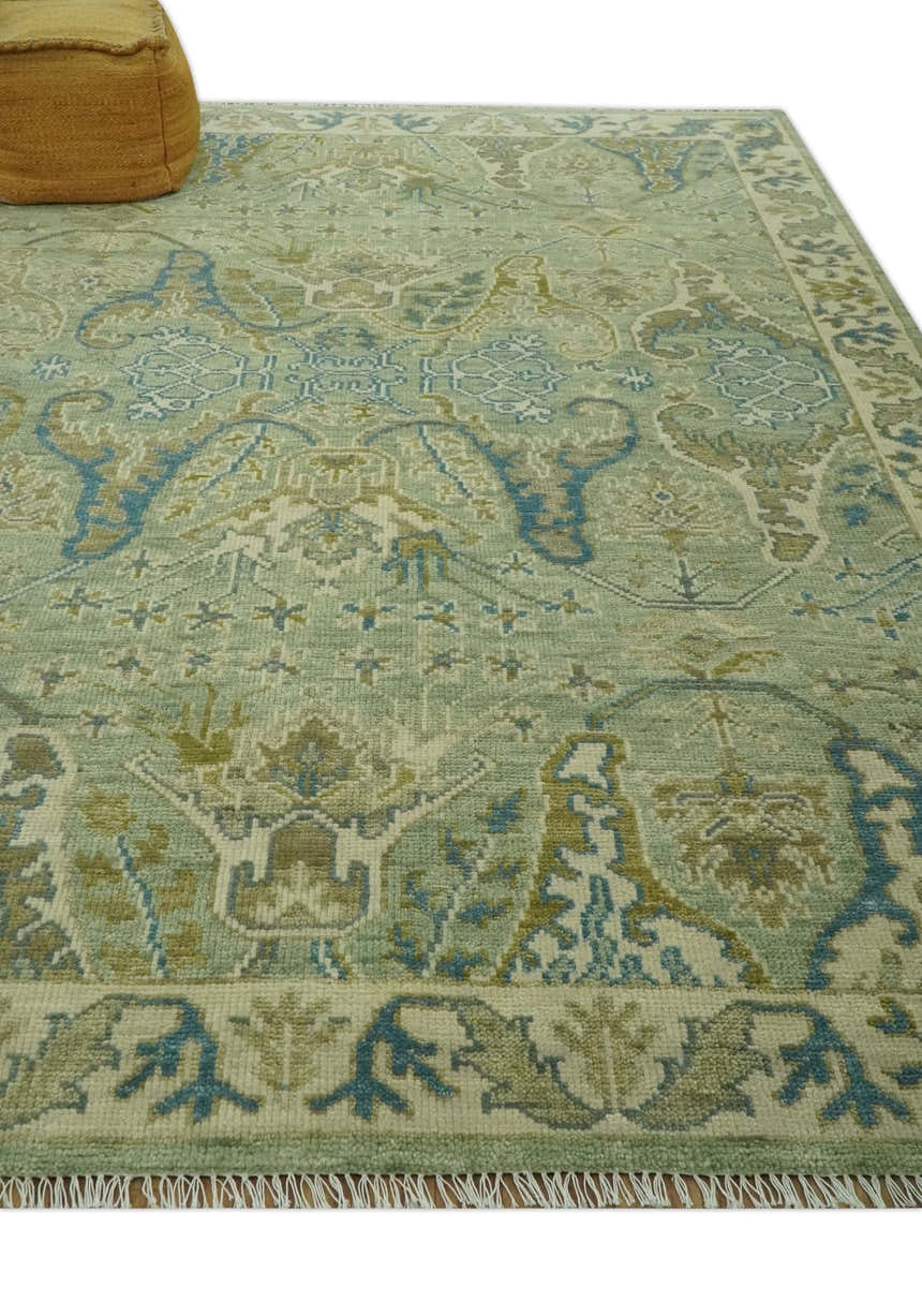 Hand Knotted Green, Olive and Teal Traditional Dragon Oushak Design Custom Made wool rug