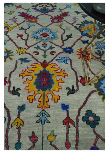 Vibrant colorful Ivory and Charcoal Hand Knotted Traditional Oushak Multi size Wool area Rug