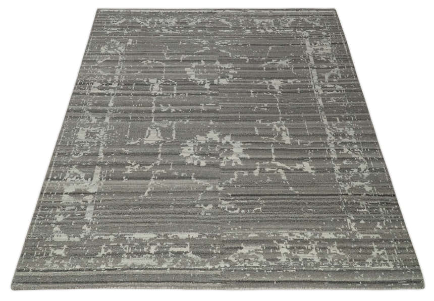 Hand Knotted Ivory and Charcoal Traditional Abstract Natural Wool Custom Made Area Rug, Kids, Living Room and Bedroom Rug
