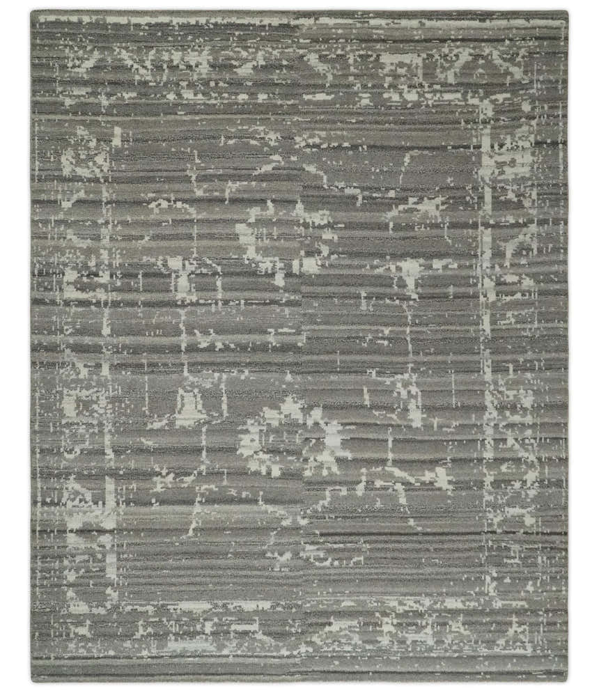 Hand Knotted Ivory and Charcoal Traditional Abstract Natural Wool Custom Made Area Rug, Kids, Living Room and Bedroom Rug