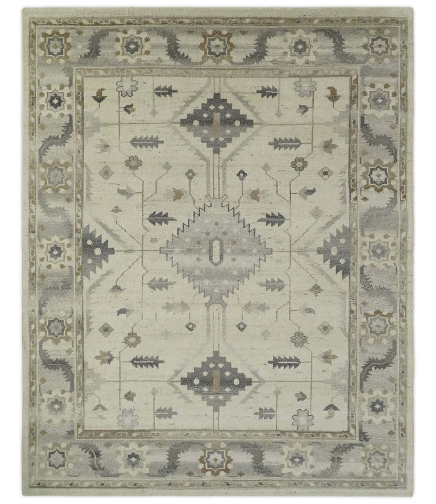 Custom Made Hand Knotted Ivory and Charcoal Traditional Tribal Natural Wool Area Rug, Kids, Living Room and Bedroom Rug